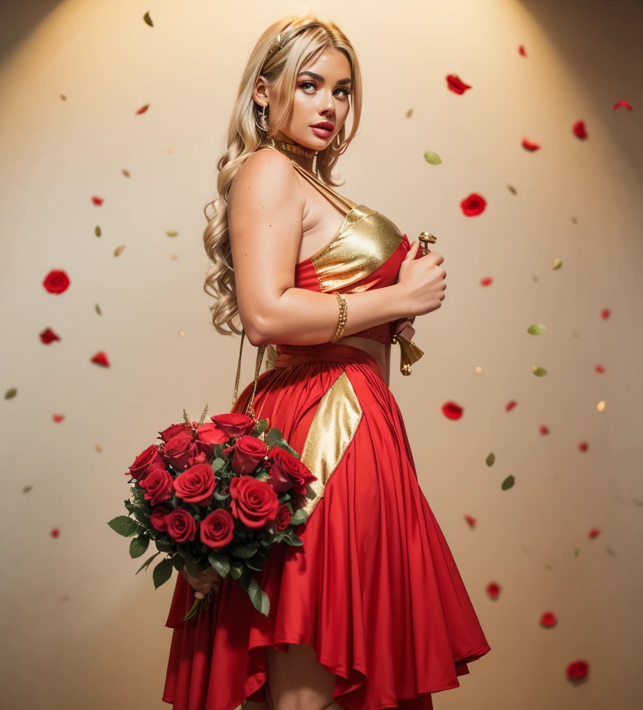 Create red roses with golden details under a luminous rain