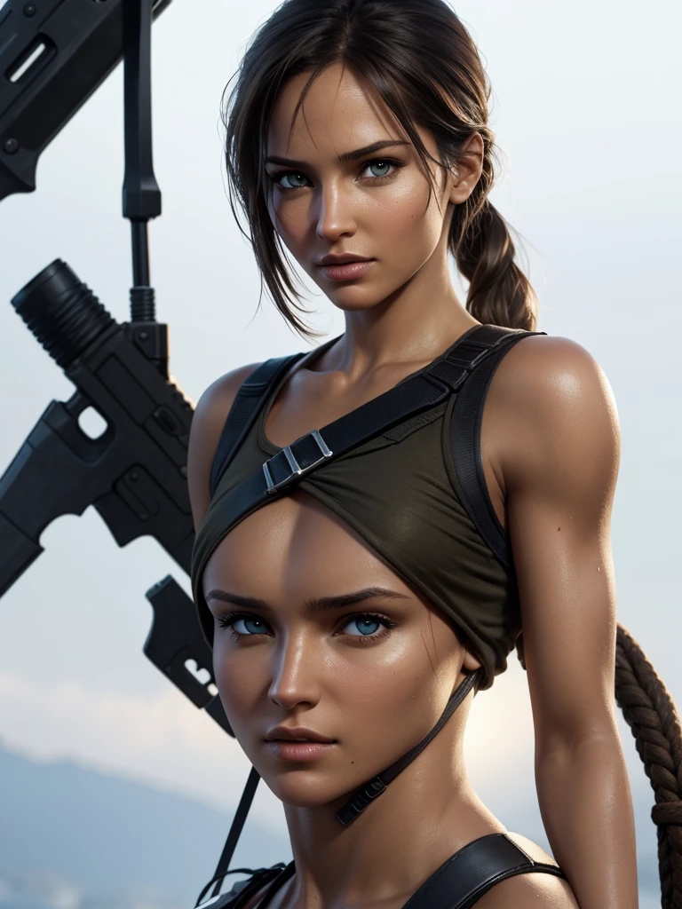 Lara croft, peefect face, perfect eyes pose in white background