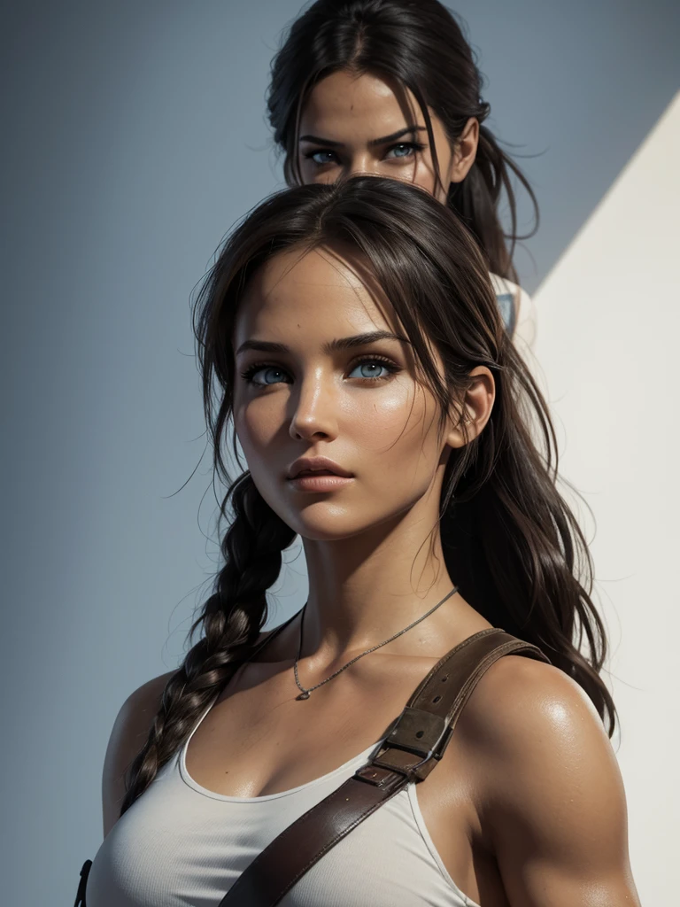 Lara croft, peefect face, perfect eyes pose in white background 