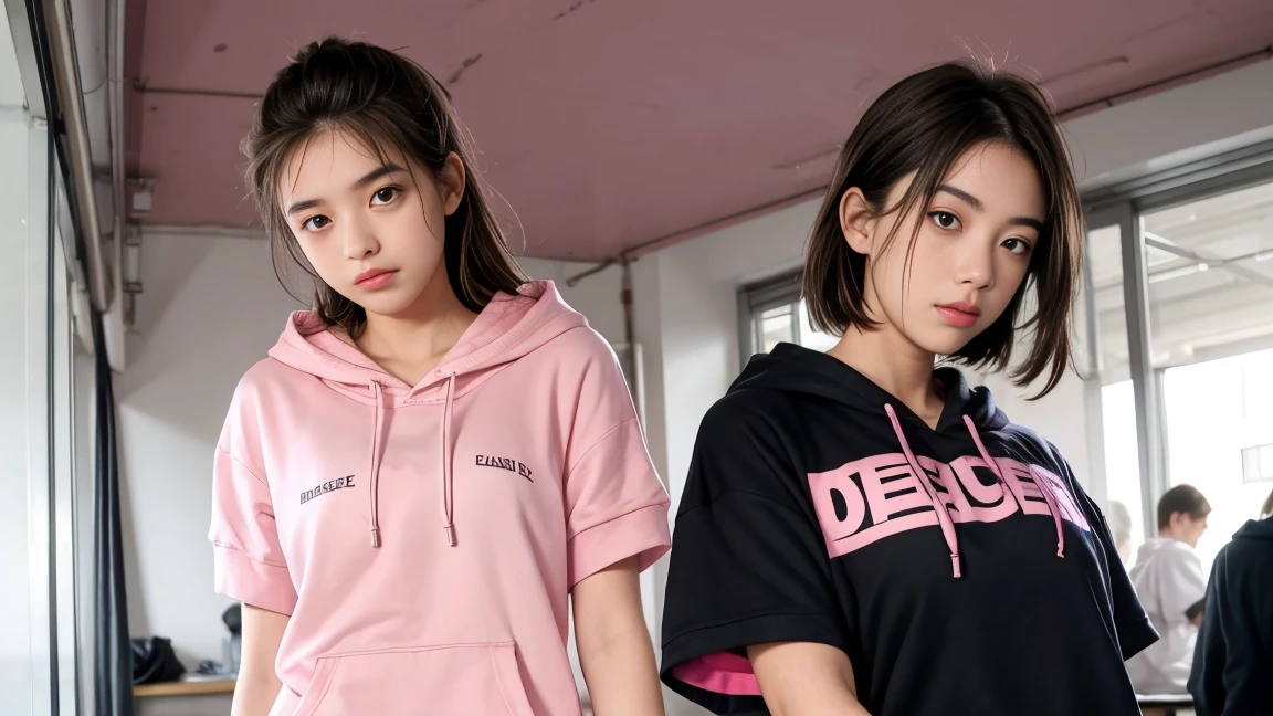 deux femmes ensemble de 18 ans sexy et mince , pink short sleeve hoodie , salle de classe, se touche,position sey,sensuel