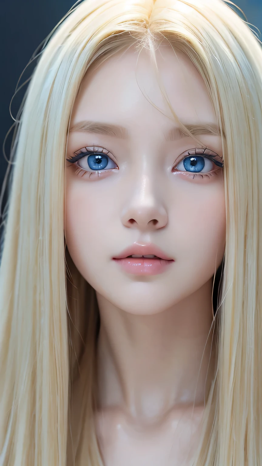 high quality、最high quality、Photorealistic、Raw photo、Real、超Real8K CG、Super detailed、High resolution、masterpiece、1 Girl、Super long hair、Light blonde hair、Bright Blue Eyes、Detailed face and eyes、Close-up、Intricate details、Detailed Texture、details、details、A perfectly beautiful face、Messy silky beautiful light blonde hair、Beautiful cute girl 16 years old、Very beautiful beautiful bright pale sky blue big eyes、Very super long beautiful blonde silky shiny hair、Long beautiful bangs、Very big eyes、Small Face Beauty、eyeliner、very white shiny skin、Gloss Face、Cheek gloss、Hair above the eyes、片Hair above the eyes、Hair between the eyes、