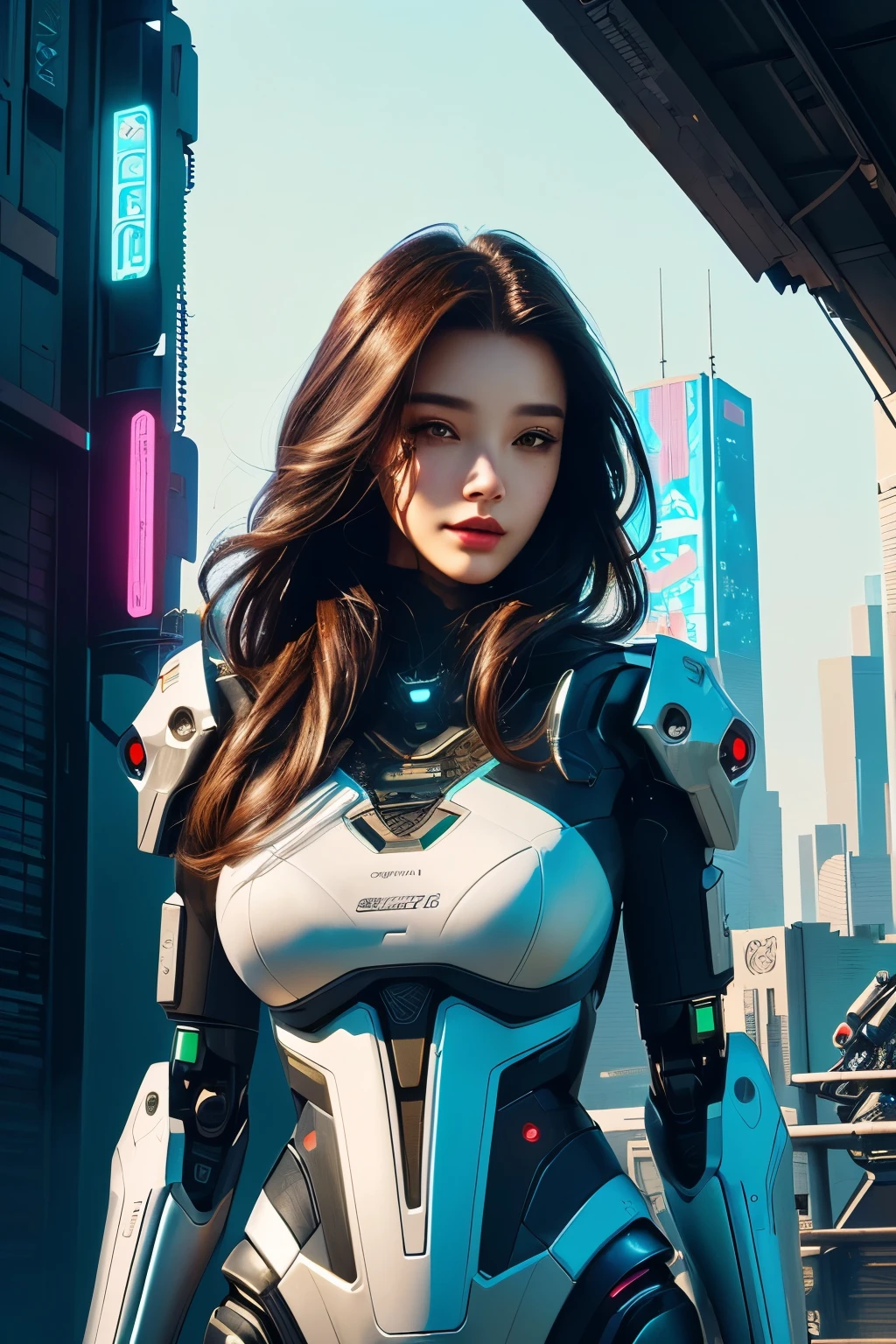 Close up of beautiful woman standing in front of city, Highly detailed official illustrations, lopi girl, Digital Cyberpunk - Art, digital cyberpunk art, Robot mixed with organic matter,