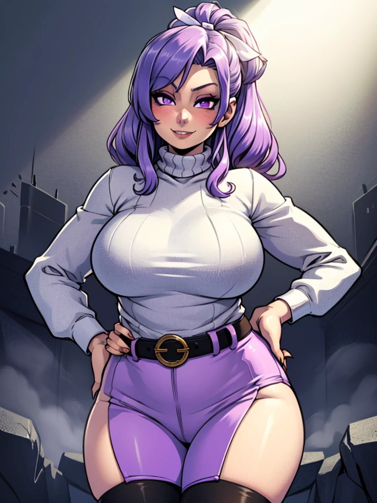 high_aesthetic,art by Lazorchef, ((Masterpiece, best quality, perfect lighting, amazing shading)), perfect anatomy, field of depth, extremely beautiful, long silver hair, hair ribbons, purple eyes, turtleneck sweater, tights, cute smile, (curvy), belt, blushing, (cowboy shot), (elegant pose), simple background