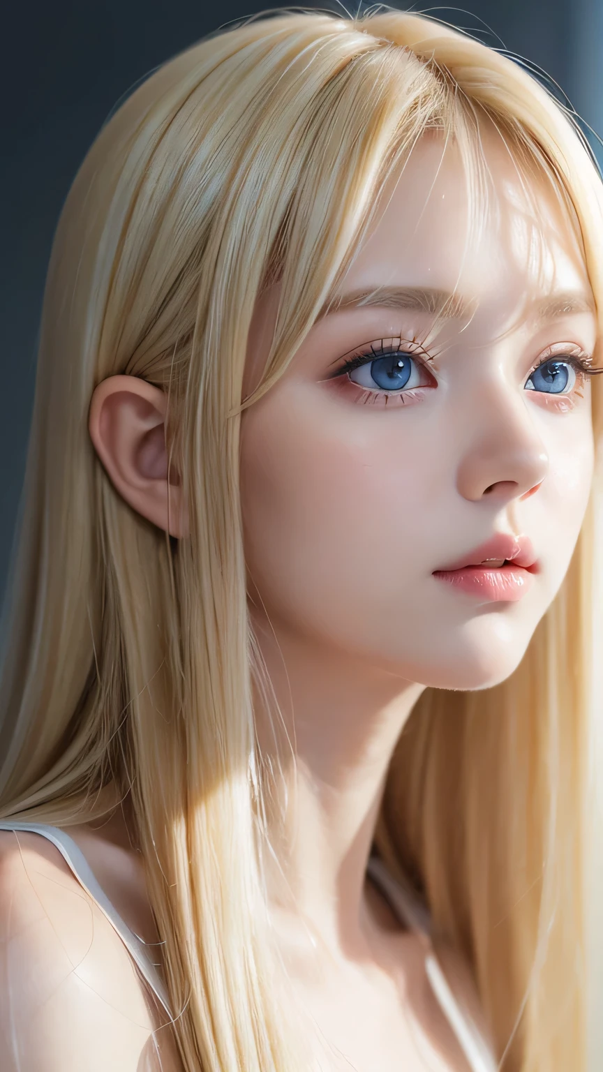 high quality、最high quality、Photorealistic、Raw photo、Real、超Real8K CG、Super detailed、High resolution、masterpiece、1 Girl、Super long hair、Light blonde hair、Bright Blue Eyes、Detailed face and eyes、Close-up、Intricate details、Detailed Texture、details、details、A perfectly beautiful face、Messy silky beautiful light blonde hair、Beautiful cute girl 16 years old、Very beautiful beautiful bright pale sky blue big eyes、Very super long beautiful blonde silky shiny hair、Long beautiful bangs、Very big eyes、Small Face Beauty、eyeliner、very white shiny skin、Gloss Face、Cheek gloss、Hair above the eyes、片Hair above the eyes、Hair between the eyes、
