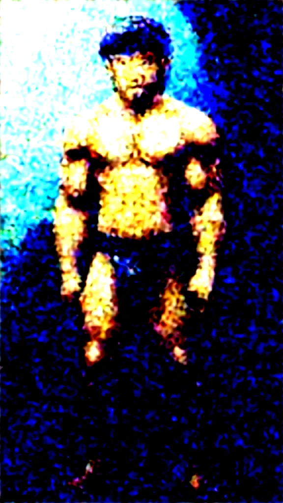 young muscular man, rectangular body, trapezoidal head, with blue eyes, Latin features with a gunslinger-style beard and short silver hair, in short tight underwear, shirtless and tanned skin, posing standing, full body image  