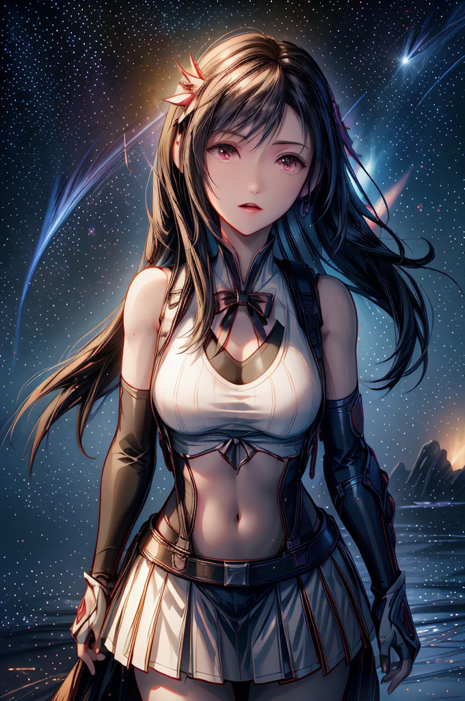 (8K HDR photorealistic pic), Tifa Lockhart, muscular, athletic, cheerful, toned body, (massive breasts), hourglass figure, fighter, long dark hair tied with ribbon at the end, ((Aerith costume)), realistic, seductive, red eyes, soft shadows, (masterpiece), Starry Sky with Mountains and Lake, Jessica Rossier, Inspired by Jessica Rossier, Jessica Rossier Fantasy Art, Concept Art Magic Highlights, Official Artwork, Dream Painting, Ethereal Realm, Atmospheric artwork, dreamy matte paintings, serene endless stars inspired by Ted Nasmith, moonlit starry environments, epic music album covers.