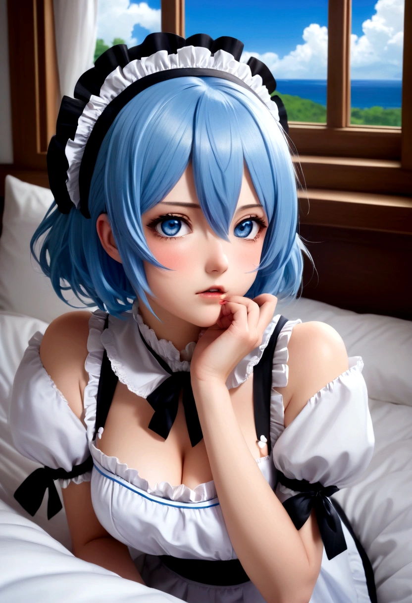 Starting Life in Another World from Zero,Rem,(Short Hair),Blue Hair,Blue pupil,Rem風髪飾り,ロズワール邸Maid服,Rem風カチューシャ((Big Tits 1.2))Rem風髪型,Best Quality, masterpiece, phRem, One girl, Blue Hair, only, Maid, ロズワール邸のMaid服, Watching the audience, Outdoor, Open your mouth, Anime Coloring Book, Maidの頭飾り, Upper Body, cloud, null, Parody, Tag, Black tape, Separate Sleeve, blush, High resolution, Highest quality, figure, Cinematic Light, Super detailed, Detailed face, (Fine grain), Best Quality, Very detailed, masterpiece, (Detailed face), Best details, Shining Eyes, Medium Breath, Sentado en la bed, Sitting, bed, window, 夜null, Outer Lake, board member, board member llena, Backlight, light, (High Contrast), (color),