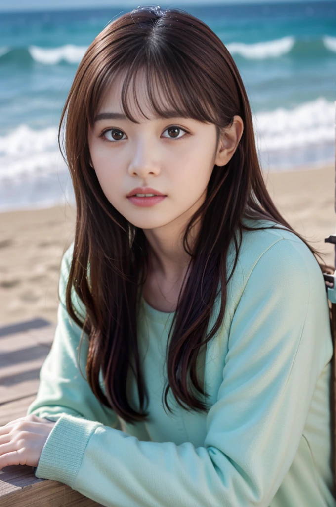  (8K, RAW photo, highest quality, masterpiece:1.3), (realistic, photo-realistic:1.4), (Highly detailed 8K wallpaper), sharp focus, Depth of written boundary,
 japanese idol,very cute, (coat:1.3),(short hair1.3), Upper body, highly detailed face and eyes,((shiny skin:1.2)), cinematic lighting, soft light, blur background,White long-sleeved dress、Sandy Beach