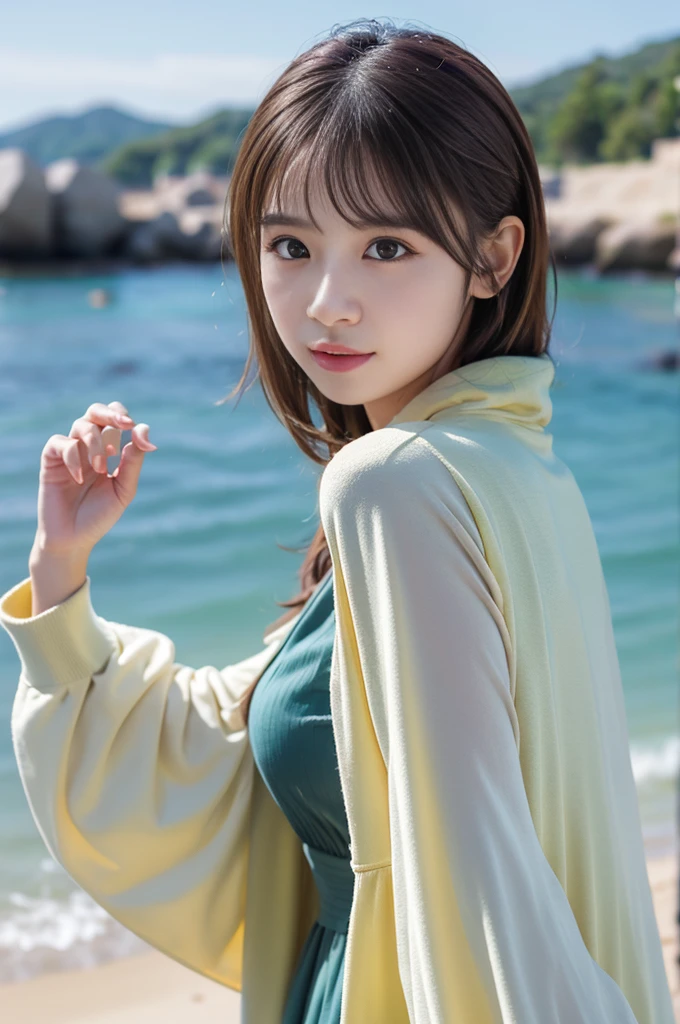 (8K, RAW photo, highest quality, masterpiece:1.3), (realistic, photo-realistic:1.4), (Highly detailed 8K wallpaper), sharp focus, Depth of written boundary,
japanese idol,very cute, (coat:1.3),(short hair1.3), Upper body, highly detailed face and eyes,((shiny skin:1.2)), cinematic lighting, soft light, blur background,White long-sleeved dress、Sandy Beach