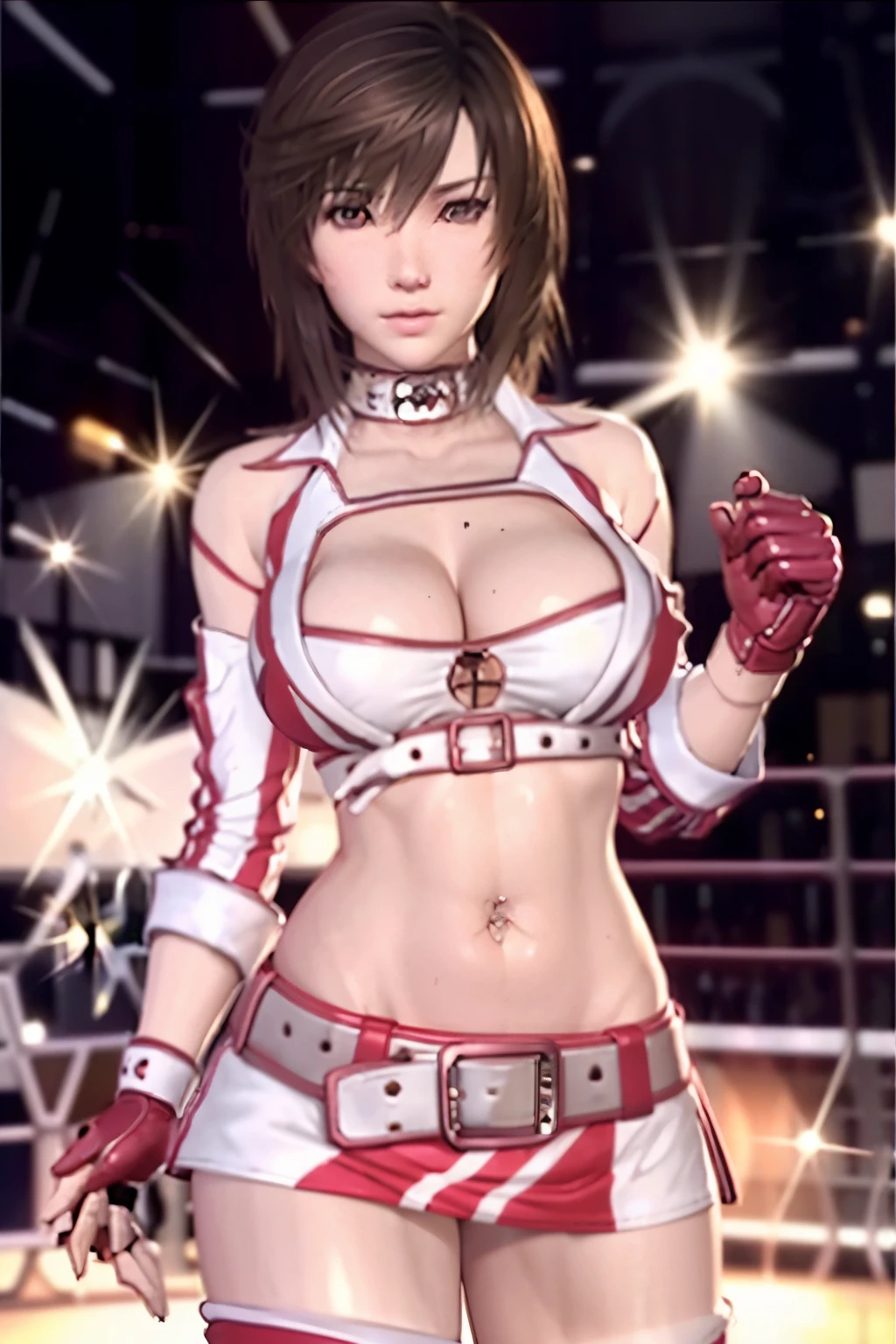 breasts, short hair, skirt, brown hair, thighhighs, gloves, navel, cleavage, brown eyes, boots, midriff, belt, miniskirt, crop top, piercing, race queen, navel piercing, fingerless gloves, clothing cutout, cleavage cutout, choker
