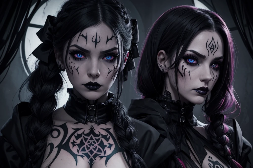 Film noir effect, color effect solo, reaper, Female, scary look, creepy look, horror, sew lips, seductive body, Anime-inspired, huge braid, extremely detailed, gothic clothing, tattooed, frowning, dark theme, heterochromia, terrifying, colored eyes and lips, Satanic Symbols