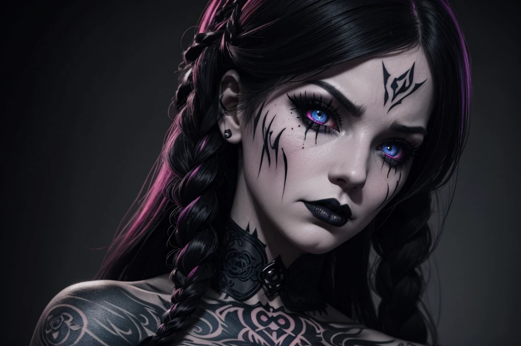Film noir effect, color effect solo, reaper, Female, scary look, creepy look, horror, sew lips, seductive body, Anime-inspired, huge braid, extremely detailed, gothic clothing, tattooed, frowning, dark theme, heterochromia, terrifying, colored eyes and lips, Satanic Symbols