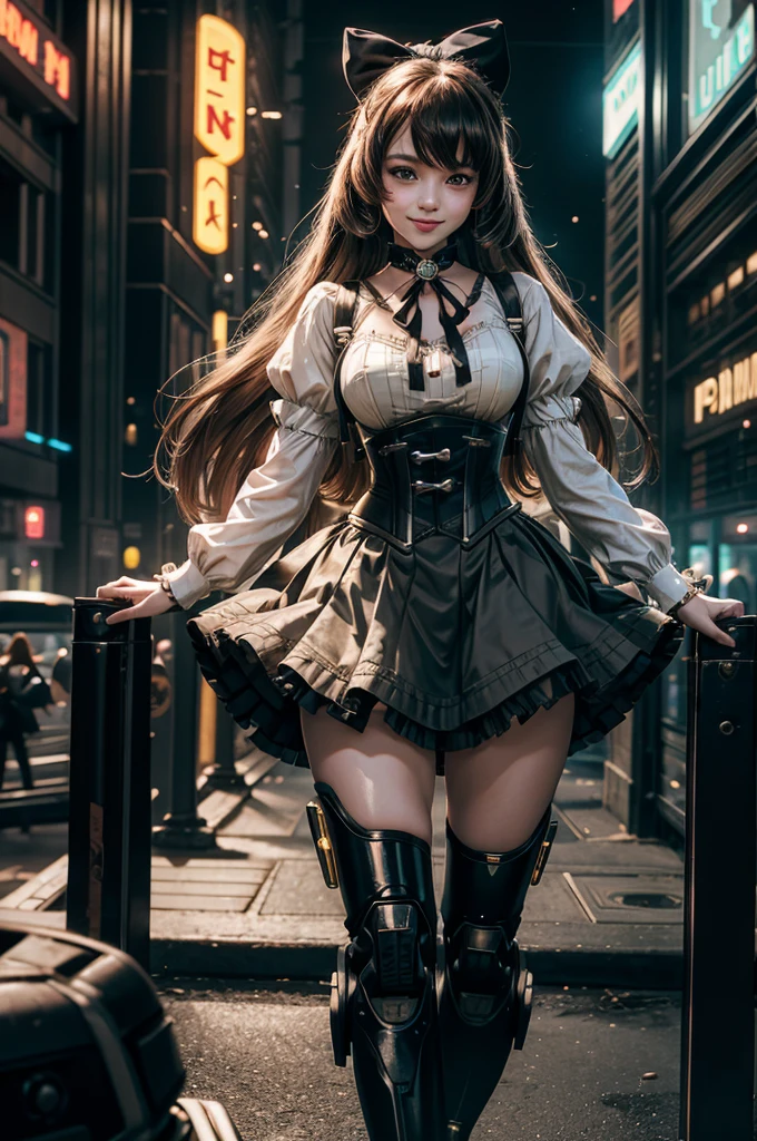 1girl, solo, cowboy shot,  smile,  underbust, Penny Polendina, long hair, neck ribbon, suspender skirt, corset, black bow, white blouse, mechanical legs, neon trim, walking in cyberpunk library, crowd, (crowd wearing cyberpunk fashion)

