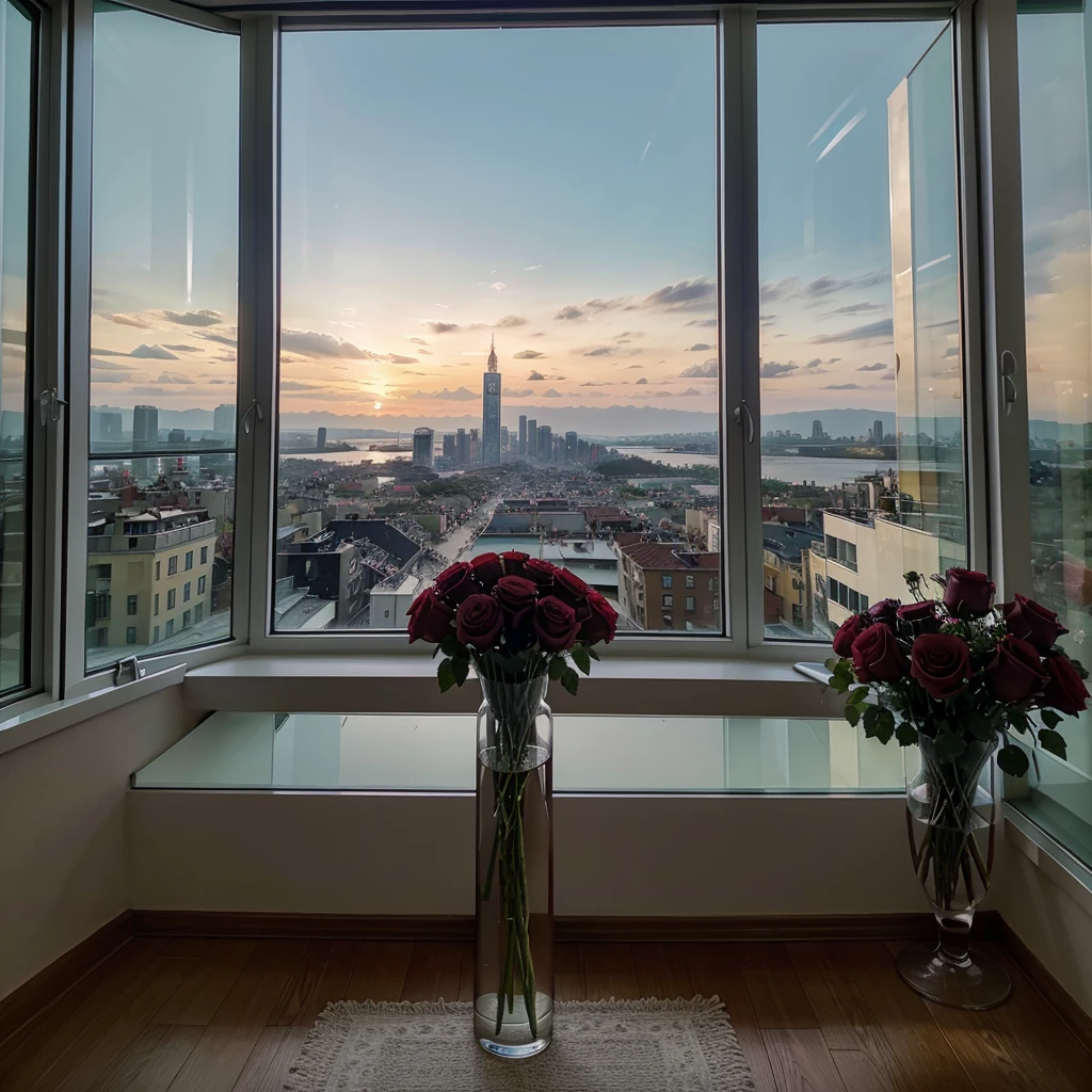 Beautiful bouquet of roses, standing on the windowsill in a vase, from the window there is a beautiful view of the night city