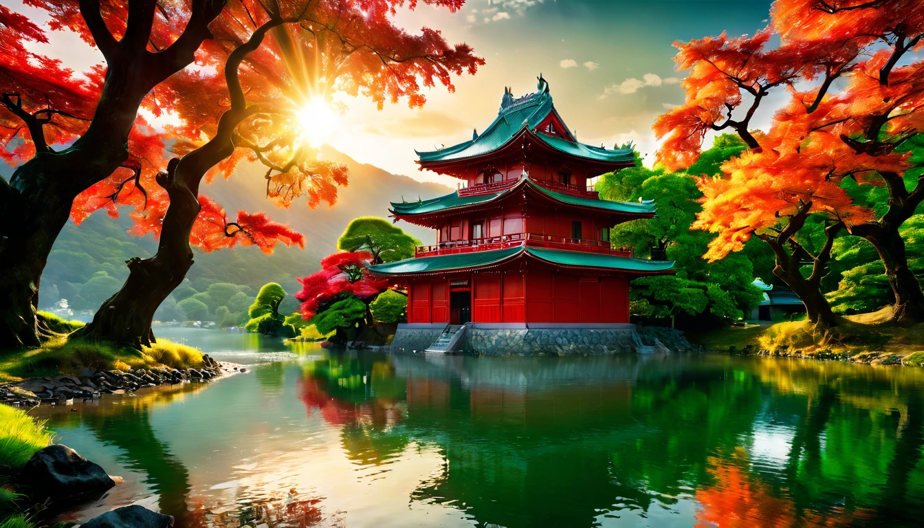 a National Geographic picture of dark Japanese medieval temple, as the sun rises in the horizon, it sits on the bank of a river near surrounded by cherry trees, almond trees, Japanese maple trees, (all trees in many colorful shades of green, red, pin, orange: 1.5) ((all scenery is reflected in the river: 1.5)), an epic ancient Japanese medieval temple, ancient and epic in its majestic antiquity, a sense of serenity, tranquility,  divine rays, some clouds, sun rays, (highest quality:1.2, Very detailed, up to date, Vibrant, Ultra-high resolution, High Contrast, masterpiece:1.2, highest quality, Best aesthetics), best details, best quality, highres, ultra wide angle, 16k, [ultra detailed], masterpiece, best quality, (extremely detailed: 1.5), ladyshadow, drkfntasy