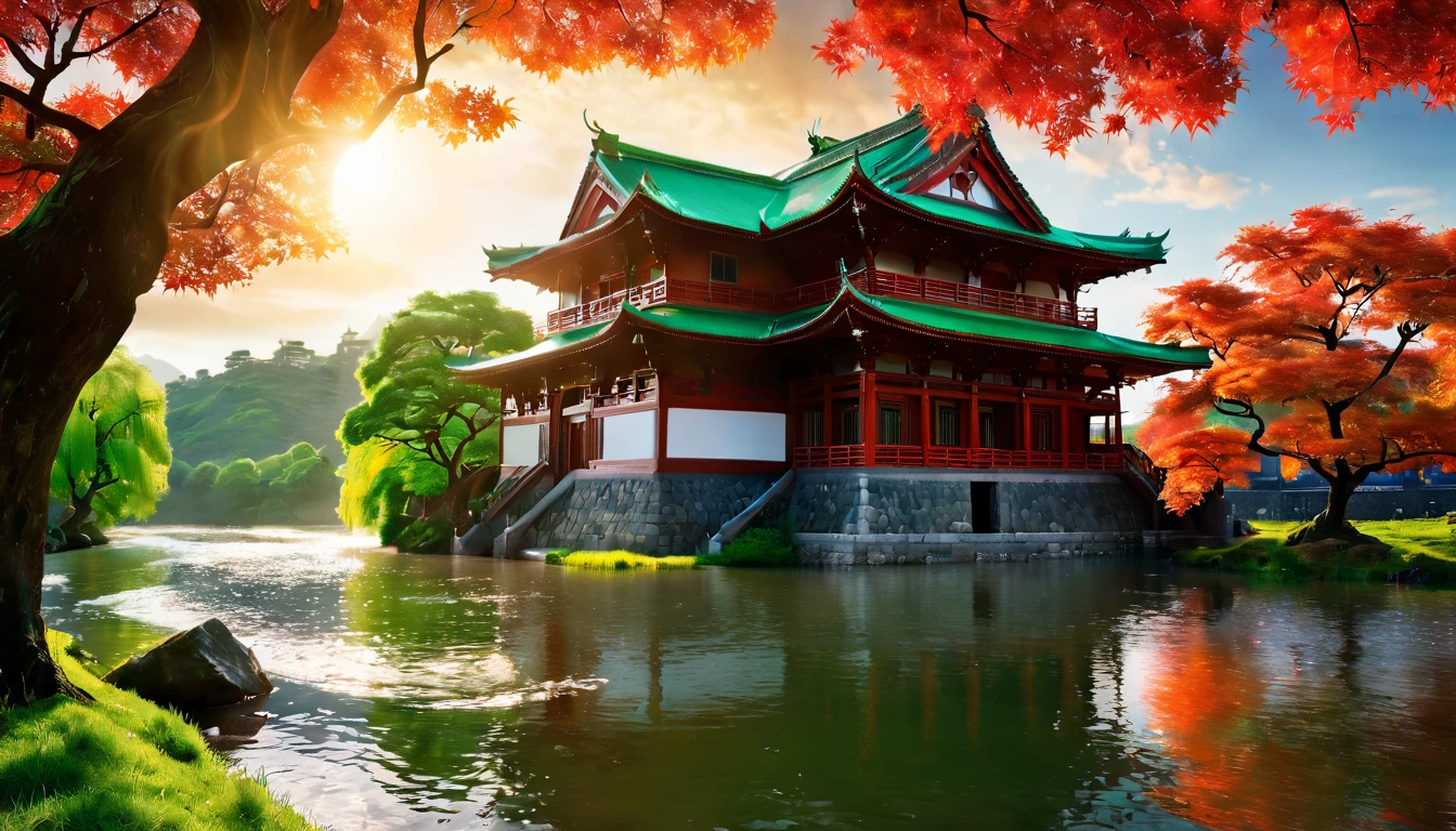 a National Geographic picture of dark Japanese medieval temple, as the sun rises in the horizon, it sits on the bank of a river near surrounded by cherry trees, almond trees, Japanese maple trees, (all trees in many colorful shades of green, red, pin, orange: 1.5) ((all scenery is reflected in the river: 1.5)), an epic ancient Japanese medieval temple, ancient and epic in its majestic antiquity, a sense of serenity, tranquility,  divine rays, some clouds, sun rays, (highest quality:1.2, Very detailed, up to date, Vibrant, Ultra-high resolution, High Contrast, masterpiece:1.2, highest quality, Best aesthetics), best details, best quality, highres, ultra wide angle, 16k, [ultra detailed], masterpiece, best quality, (extremely detailed: 1.5), ladyshadow, drkfntasy