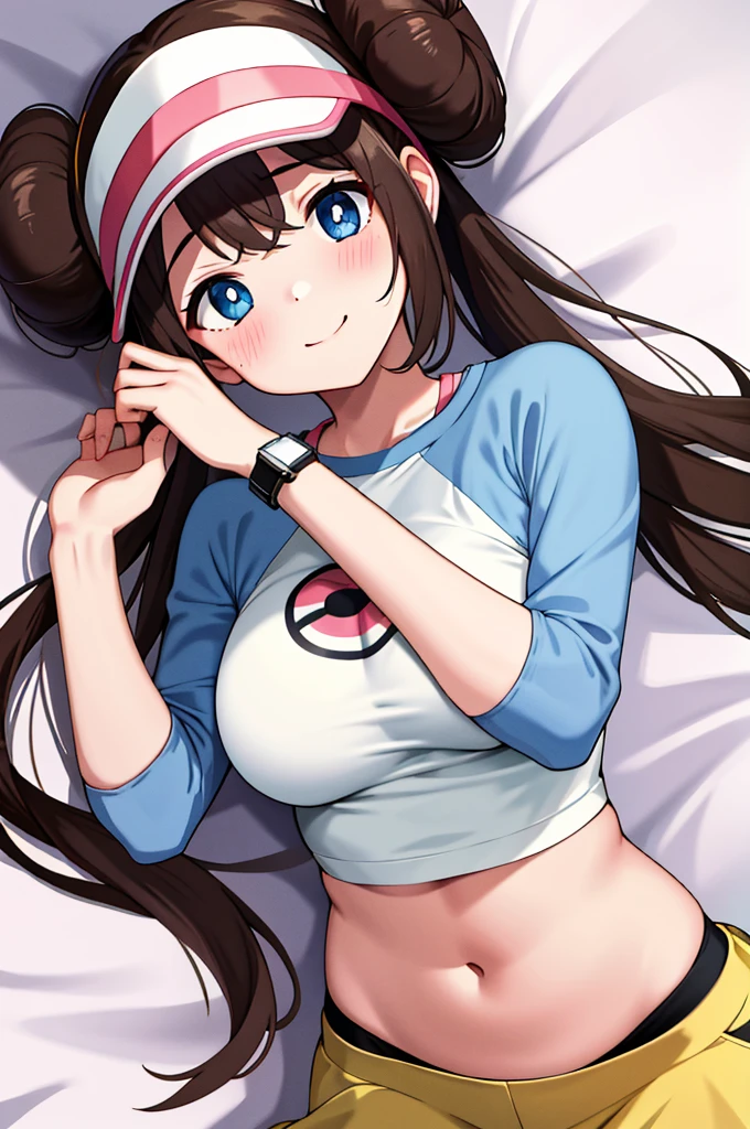 masterpiece, top-quality, hight resolution, RO1, Hair buns, blue eyess, Twin-tailed, Visor Cap, raglan sleeves, Yellow shorts, The shirt, Pink ribbon, Watches,large full breasts、、appealing breast、breastso、sexy tummy, tetas grandes, solo, 1girl, BEDROOM background, hands on chest, embarrased, blush, smile, lying on bed,