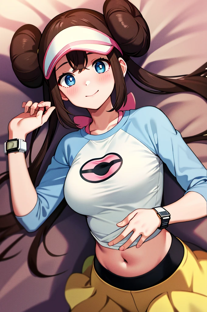 masterpiece, top-quality, hight resolution, RO1, Hair buns, blue eyess, Twin-tailed, Visor Cap, raglan sleeves, Yellow shorts, The shirt, Pink ribbon, Watches,large full breasts、、appealing breast、breastso、sexy tummy, tetas grandes, solo, 1girl, BEDROOM background, hands on chest, embarrased, blush, smile, lying on bed,