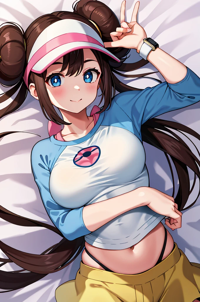 ​masterpiece, top-quality, hight resolution, RO1, Hair buns, blue eyess, Twin-tailed, Visor Cap, raglan sleeves, Yellow shorts, The shirt, Pink ribbon, Watches,large full breasts、、appealing breast、breastso、sexy tummy,  tetas grandes, solo, 1girl, BEDROOM background, hands on chest, embarrased, blush, smile, lying on bed, 