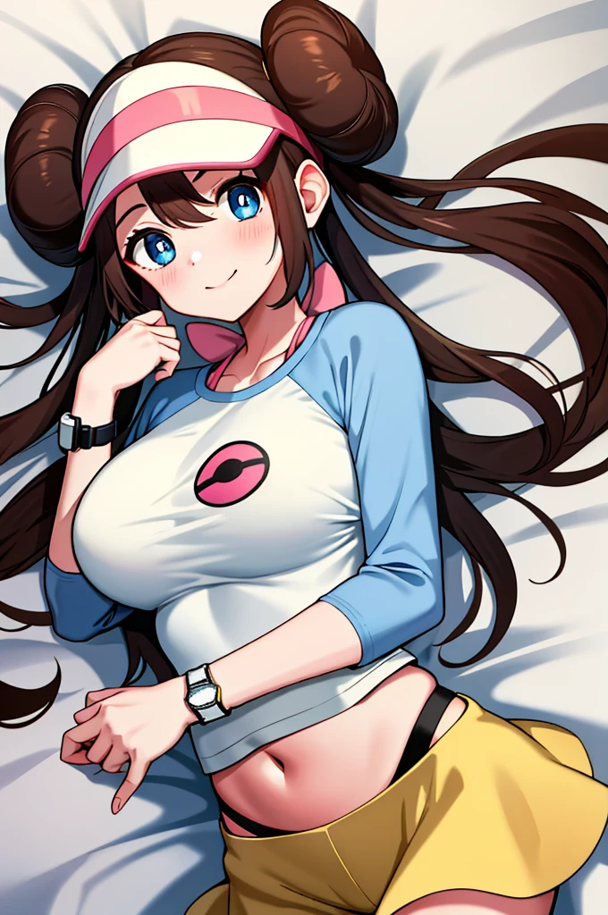 masterpiece, top-quality, hight resolution, RO1, Hair buns, blue eyess, Twin-tailed, Visor Cap, raglan sleeves, Yellow shorts, The shirt, Pink ribbon, Watches,large full breasts、、appealing breast、breastso、sexy tummy, tetas grandes, solo, 1girl, BEDROOM background, hands on chest, embarrased, blush, smile, lying on bed,