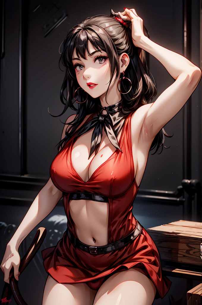 (8K HDR photorealistic pic), Betty Boop, short, althetic, curvy lady, ((tight little red dress)), dark eyebrows, black lipstick, (hoop earrings), dark eyeshadow, black lipstick, curvy, busty, (curly short black hair), shortstack, (retroussé breasts), darling figure, (supple pouting breasts), firm thighs, hourglass figure, kerchief, big brown eyes, dancing seductively