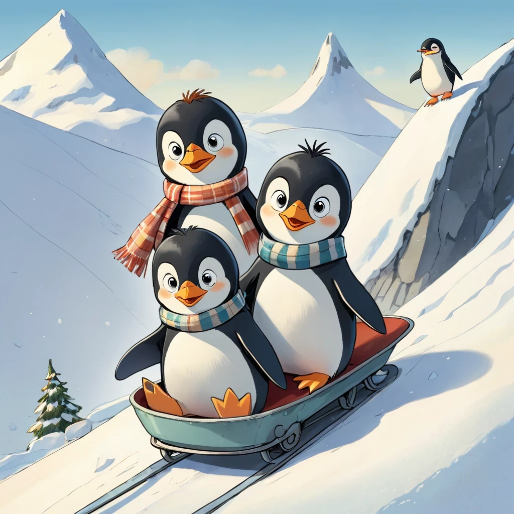  The three penguin children Fridolin, Fips and Frieda, slide down a big hill,