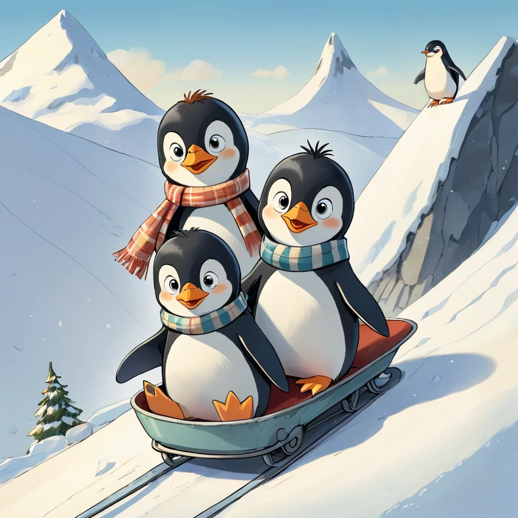  The three penguin children Fridolin, Fips and Frieda, slide down a big hill,