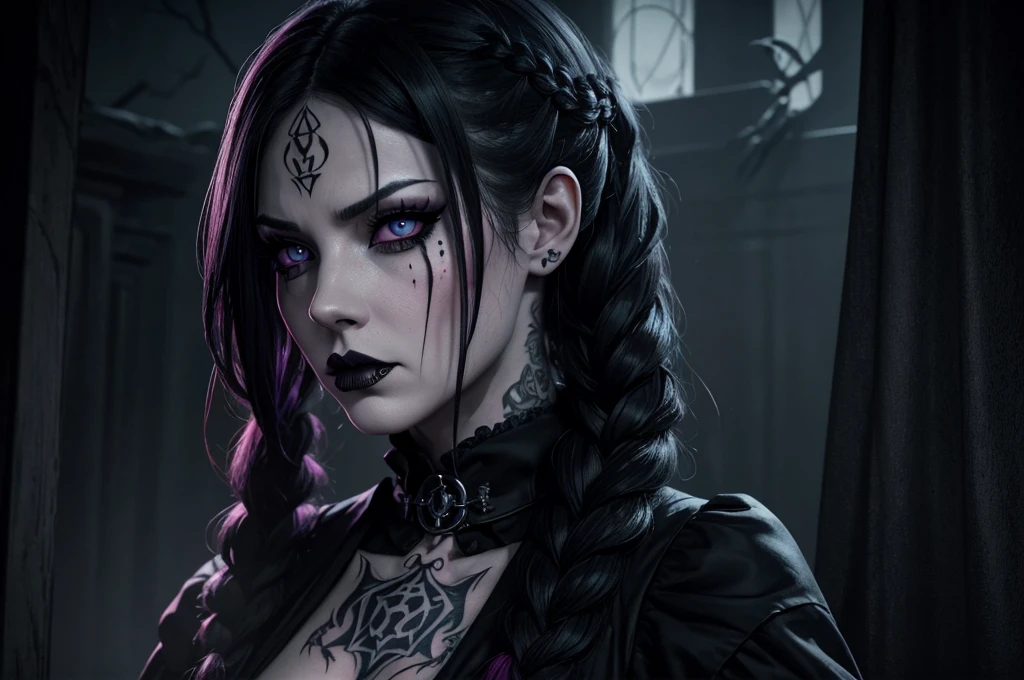 Film noir effect, color effect solo, reaper, Female, scary look, creepy look, horror, sew lips, seductive body, Anime-inspired, huge braid, extremely detailed, gothic clothing, tattooed, frowning, dark theme, heterochromia, terrifying, colored eyes and lips, Satanic Symbols