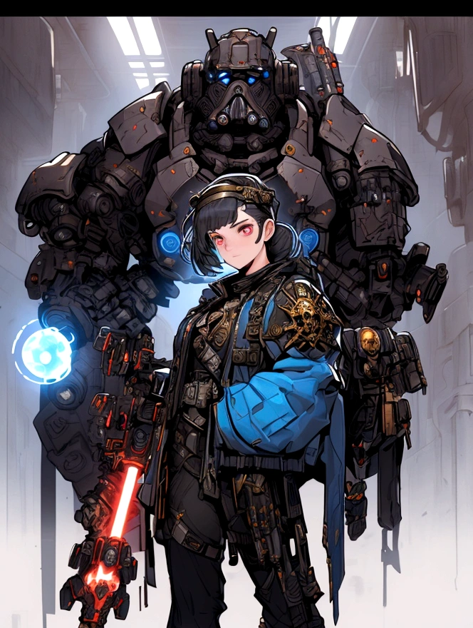 Create art of the Technarch from Star Wars: The Bad Batch, reimagined in the Warhammer 40,000 universe. Depict him as the venerable Techno Priest Adeptus Mechanicus, standing at full height. He should be dressed in the traditional red robe of Mechanicus, adorned with arcane symbols and intricate diagrams. His bionic enhancements should be highly visible, combining Star Wars technology with the gothic, baroque style of Warhammer 40K. In one hand he holds a holographic laptop, its glowing blue interface contrasting with the gloomy surroundings. Include elements such as servo arms, manipulators, gear motifs and a mechanical staff. The background should resemble the gloomy world of an industrial forge with towering manufactories and the omnipresent glow of forge lights. Make sure the atmosphere is grim and imposing, capturing the essence of both universes.