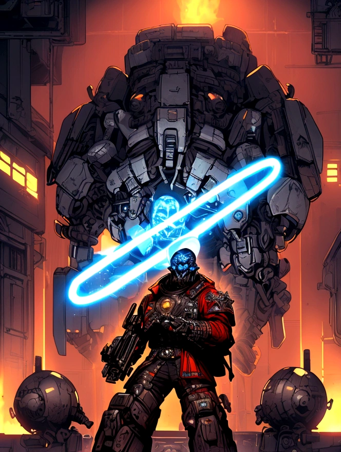 Create art of the Technarch from Star Wars: The Bad Batch, reimagined in the Warhammer 40,000 universe. Depict him as the venerable Techno Priest Adeptus Mechanicus, standing at full height. He should be dressed in the traditional red robe of Mechanicus, adorned with arcane symbols and intricate diagrams. His bionic enhancements should be highly visible, combining Star Wars technology with the gothic, baroque style of Warhammer 40K. In one hand he holds a holographic laptop, its glowing blue interface contrasting with the gloomy surroundings. Include elements such as servo arms, manipulators, gear motifs and a mechanical staff. The background should resemble the gloomy world of an industrial forge with towering manufactories and the omnipresent glow of forge lights. Make sure the atmosphere is grim and imposing, capturing the essence of both universes.