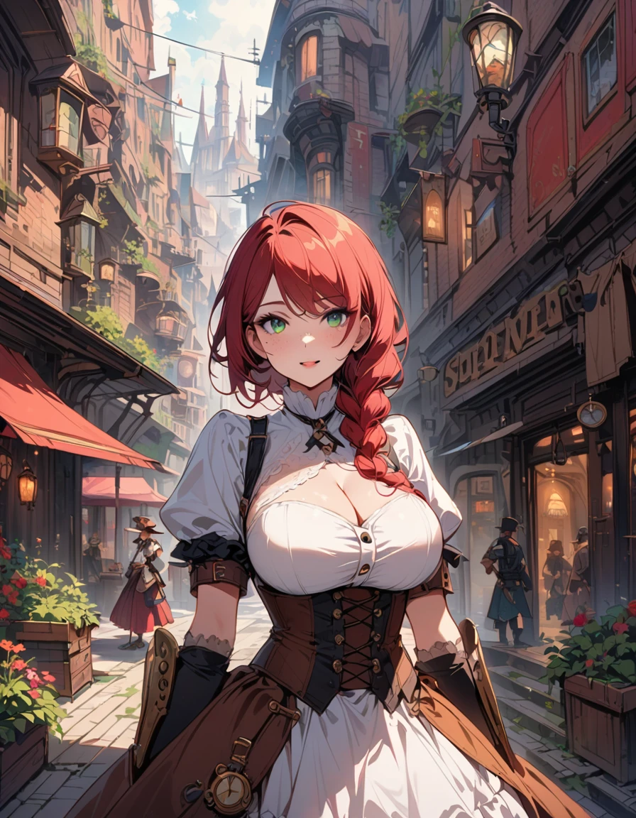 Steampunk And, a beautiful woman, standing in the rain, on a fantasy street, with freckles, green eyes and long red hair braided, in a corset with big breasts, a steampunk girl