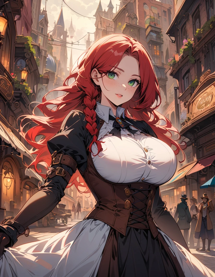SteamPunk AI, A beautiful woman posing, with freckles, green eyes and long red hair braided, in a corset with big breasts, stands in Steampunk city