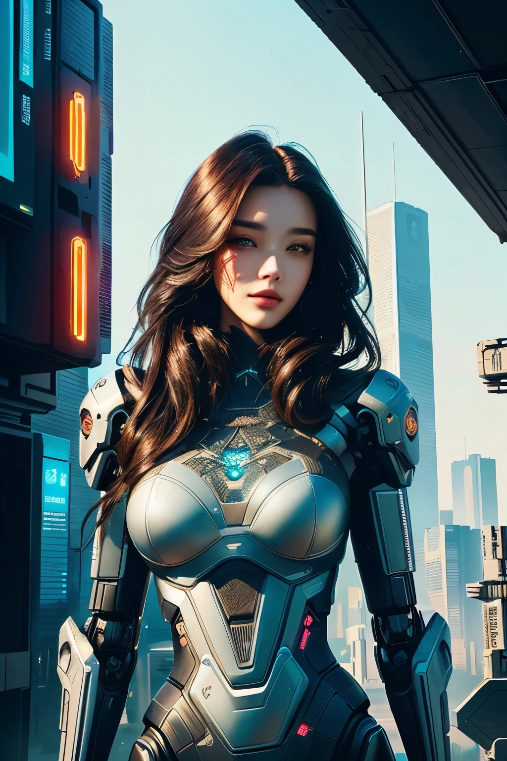 Close up of beautiful woman standing in front of city, Highly detailed official illustrations, lopi girl, Digital Cyberpunk - Art, digital cyberpunk art, Robot mixed with organic matter,