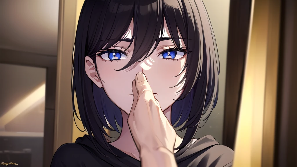 gold eyes, black hair, short hair, (at night, darkness, no light:1.4), glowing gold eyes, she's wearing pajamas, black shorts, dark shirt, wearing dark hoodie, pajamas bottoms, girl in middle, looking at viewer, indoors, inside hotel room, (masterpiece:1.2), best quality, high resolution, unity 8k wallpaper, (illustration:0.8), (beautiful detailed eyes:1.6), extremely detailed face, perfect lighting, extremely detailed CG, (perfect hands, perfect anatomy),