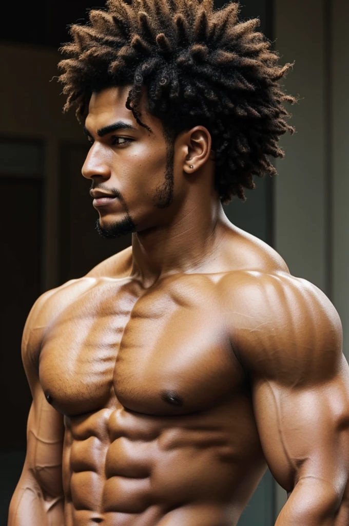 Muscular anime character with short curly hair shaved from the sides brown skin