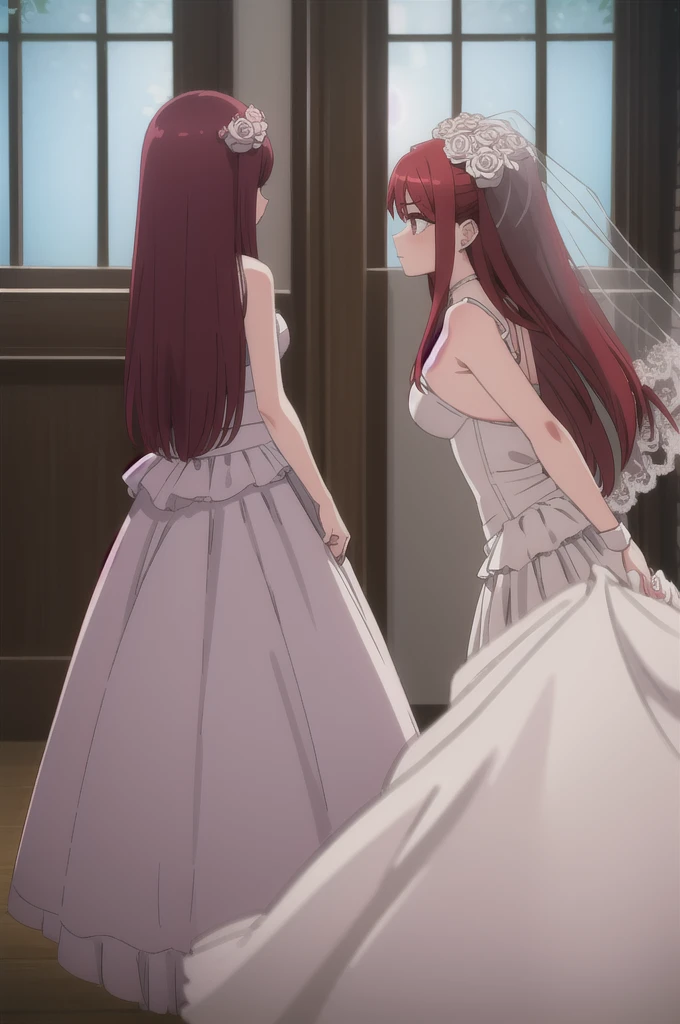 1girl, masterpiece, highres, sonicedges_rias_gremory,long red hair, ((wedding dress, room, bridal lingerie, wedding theme))