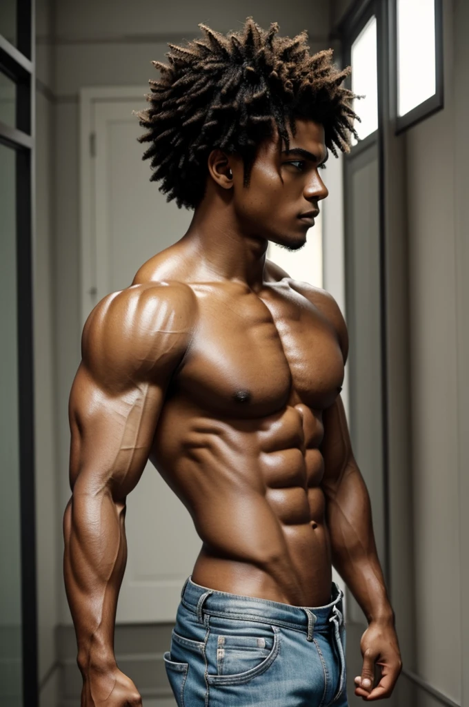 Muscular anime character with short curly hair shaved from the sides brown skin
