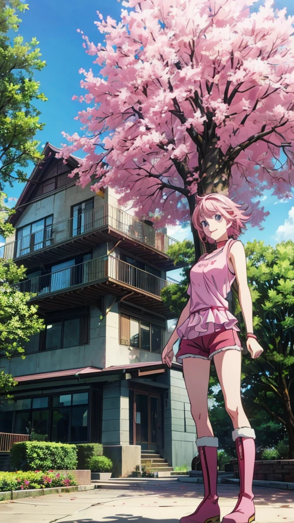 1girl, pink hair, pink shirt, sleeveless, red shorts, brown boots, large breast, 17 year old girl, short hair, pink hair band, black collar, smiling, teenage, blue eyes, masterpiece, (8K), ultra high quality, tree, outdoor, daytime, 
