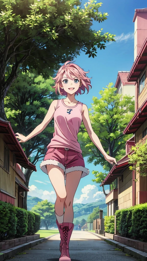 1girl, pink hair, pink shirt, sleeveless, red shorts, brown boots, large breast, 17 year old girl, short hair, pink hair band, black collar, smiling, age, blue eyes, masterpiece, (8K), ultra high quality, tree, outdoor, daytime, 
