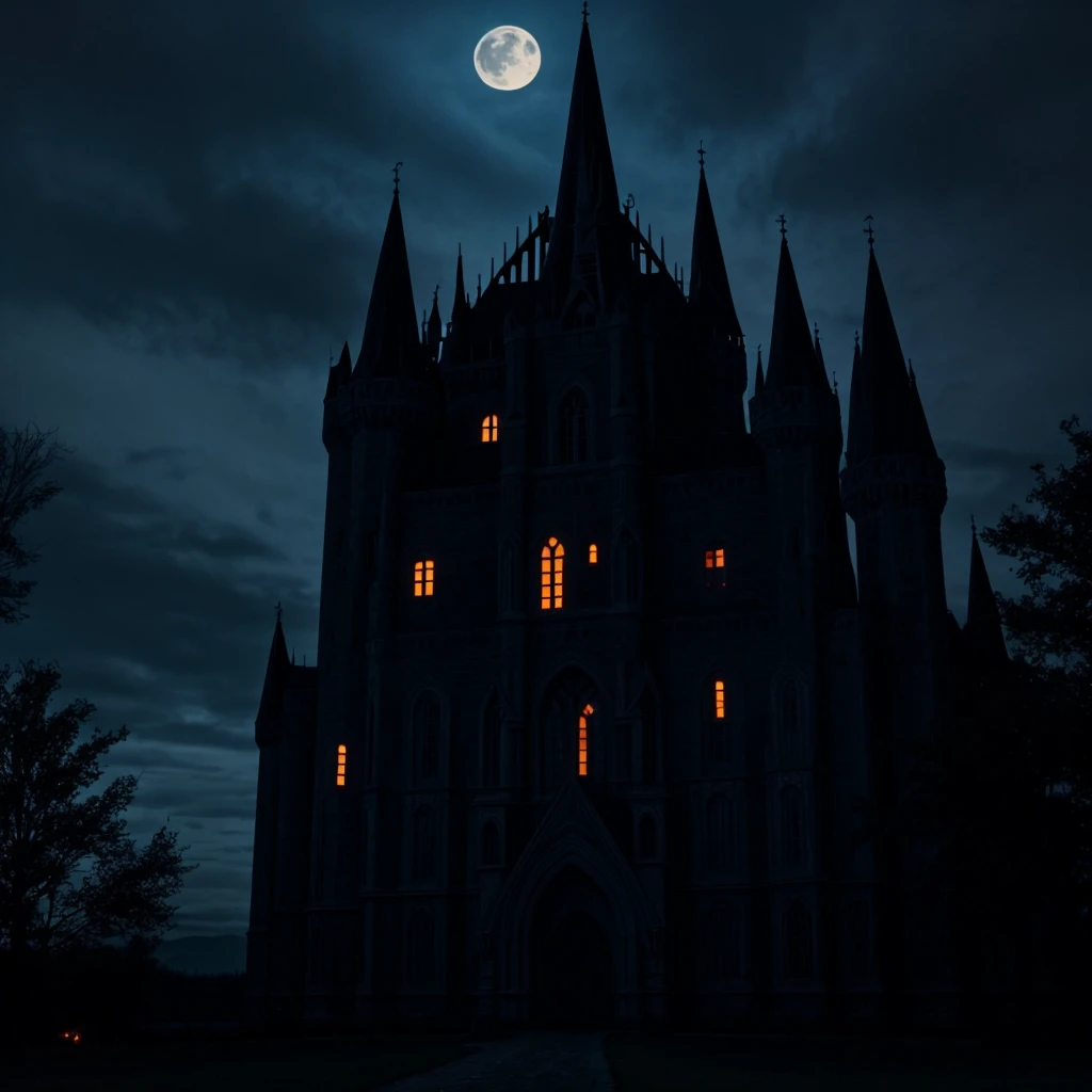 A very big, dark, evil, ominous, eerie castle night time