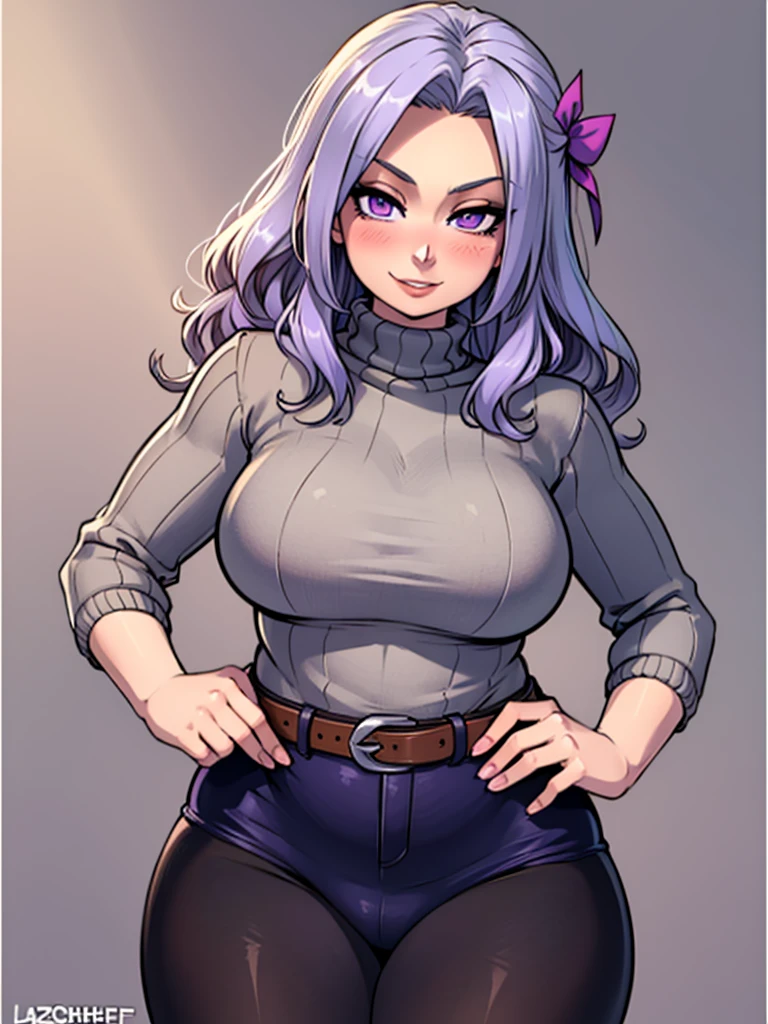 high_aesthetic,art by Lazorchef, ((Masterpiece, best quality, perfect lighting, amazing shading)), perfect anatomy, field of depth, extremely beautiful, long silver hair, hair ribbons, purple eyes, turtleneck sweater, pantyhose, cute smile, (curvy), [belt], blushing, (cowboy shot), (elegant pose), simple background