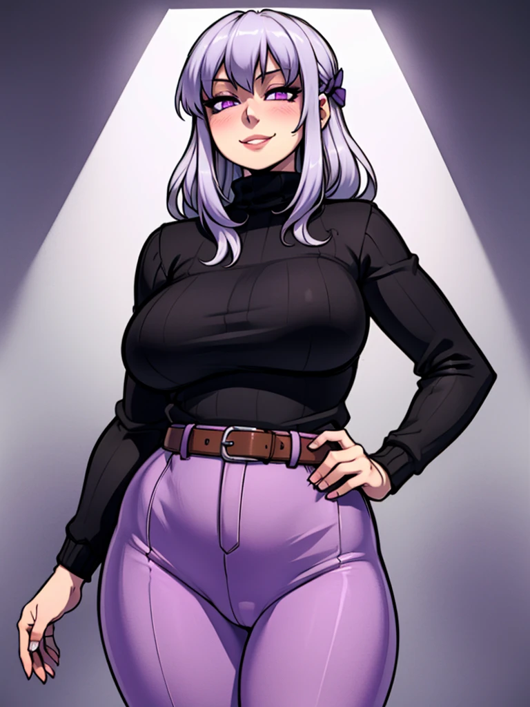 high_aesthetic,art by Lazorchef, ((Masterpiece, best quality, perfect lighting, amazing shading)), perfect anatomy, field of depth, extremely beautiful, long silver hair, hair ribbons, purple eyes, turtleneck sweater, pantyhose, cute smile, (curvy), [belt], blushing, (cowboy shot), (elegant pose), simple background