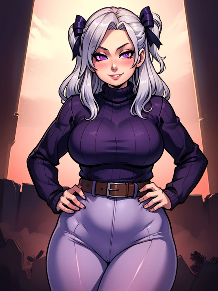 high_aesthetic,art by Lazorchef, ((Masterpiece, best quality, perfect lighting, amazing shading)), perfect anatomy, field of depth, extremely beautiful, long silver hair, hair ribbons, purple eyes, turtleneck sweater, pantyhose, cute smile, (curvy), [belt], blushing, (cowboy shot), (elegant pose), simple background