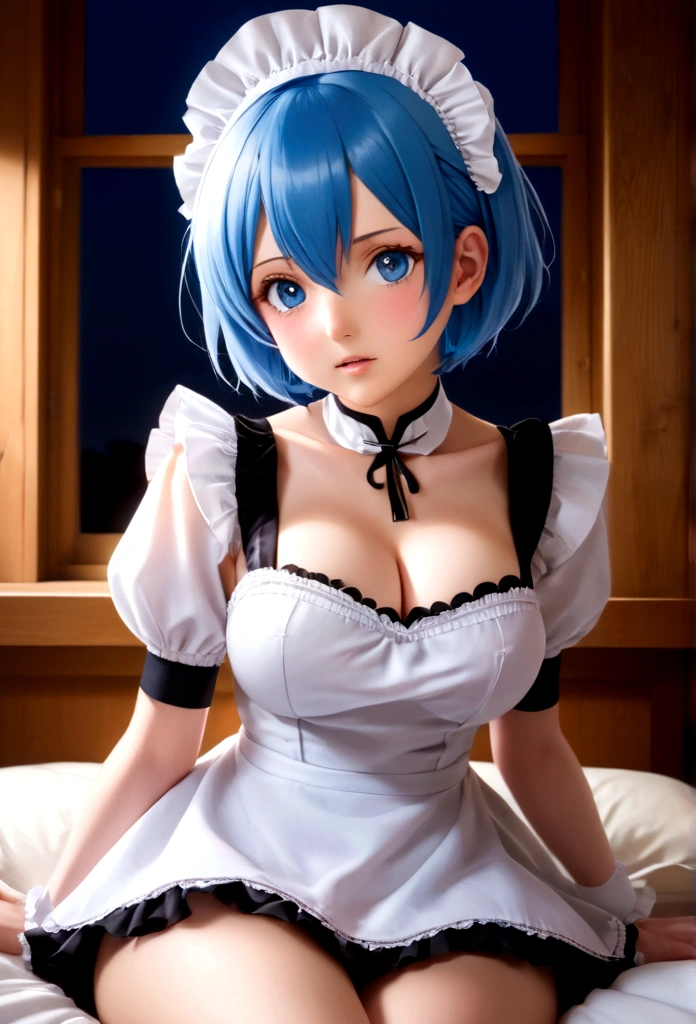 Starting Life in Another World from Zero,Rem,(Short Hair),Blue Hair,Blue pupil,Rem風髪飾り,ロズワール邸Maid服,Rem風カチューシャ((Big Tits 1.2))Rem風髪型,Best Quality, masterpiece, phRem, One girl, Blue Hair, only, Maid, ロズワール邸のMaid服, Watching the audience, Outdoor, Open your mouth, Anime Coloring Book, Maidの頭飾り, Upper Body, cloud, null, Parody, Tag, Black tape, Separate Sleeve, blush, High resolution, Highest quality, figure, Cinematic Light, Super detailed, Detailed face, (Fine grain), Best Quality, Very detailed, masterpiece, (Detailed face), Best details, Shining Eyes, Medium Breath, Sentado en la bed, Sitting, bed, window, 夜null, Outer Lake, board member, board member llena, Backlight, light, (High Contrast), (color),Fully nude,nipple