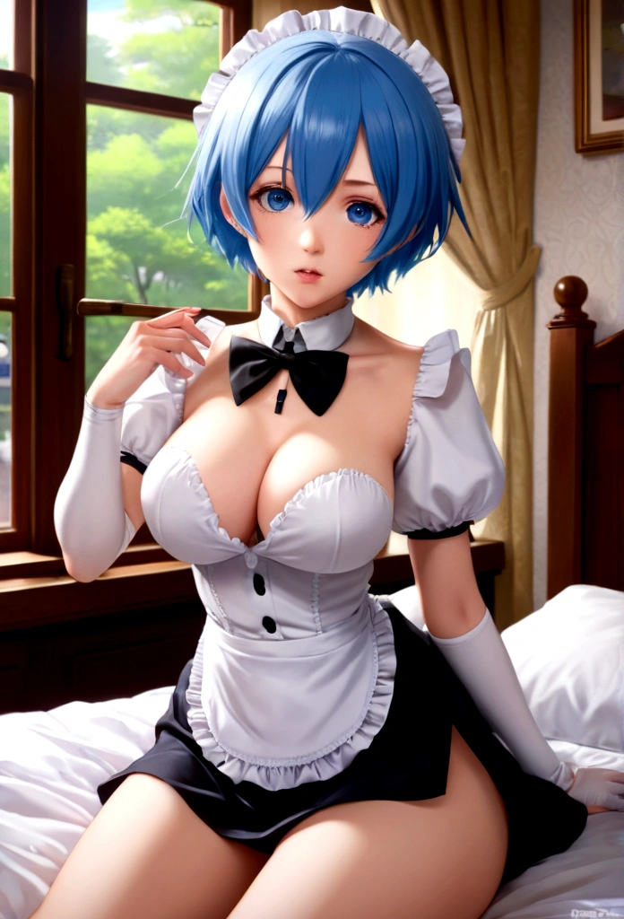 Starting Life in Another World from Zero,Rem,(Short Hair),Blue Hair,Blue pupil,Rem風髪飾り,ロズワール邸Maid服,Rem風カチューシャ((Big Tits 1.2))Rem風髪型,Best Quality, masterpiece, phRem, One girl, Blue Hair, only, Maid, ロズワール邸のMaid服, Watching the audience, Outdoor, Open your mouth, Anime Coloring Book, Maidの頭飾り, Upper Body, cloud, null, Parody, Tag, Black tape, Separate Sleeve, blush, High resolution, Highest quality, figure, Cinematic Light, Super detailed, Detailed face, (Fine grain), Best Quality, Very detailed, masterpiece, (Detailed face), Best details, Shining Eyes, Medium Breath, Sentado en la bed, Sitting, bed, window, 夜null, Outer Lake, board member, board member llena, Backlight, light, (High Contrast), (color),Fully nude,nipple