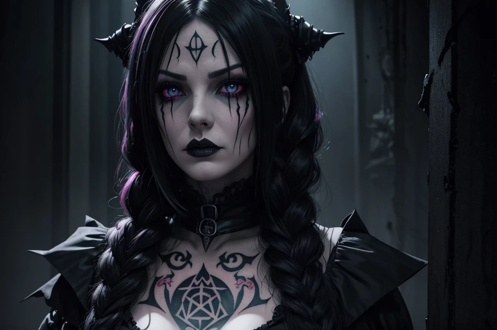 Film noir effect, color effect solo, reaper, Female, scary look, creepy look, horror, sew lips, seductive body, Anime-inspired, huge braid, extremely detailed, gothic clothing, tattooed, frowning, dark theme, heterochromia, terrifying, colored eyes and lips, Satanic Symbols