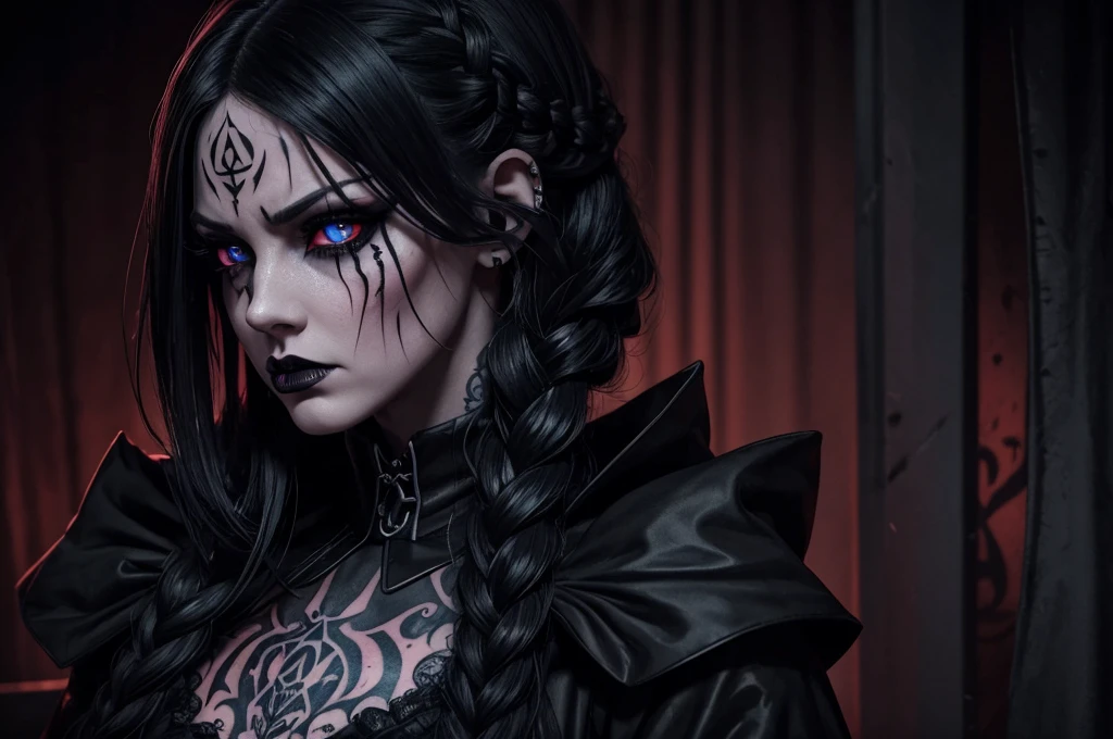 Film noir effect, color effect solo, reaper, Female, scary look, creepy look, horror, sew lips, seductive body, Anime-inspired, huge braid, extremely detailed, gothic clothing, tattooed, frowning, dark theme, heterochromia, terrifying, colored eyes and lips, Satanic Symbols