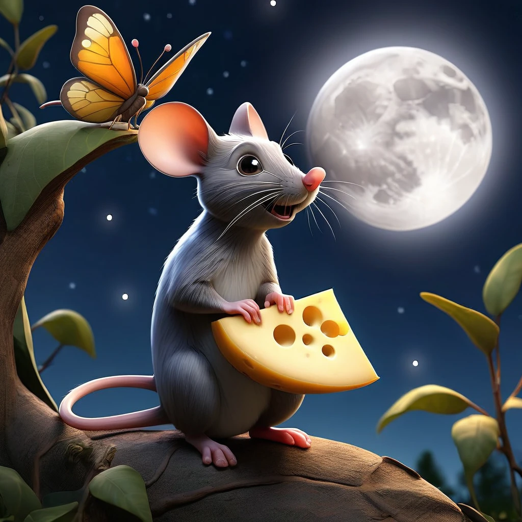 In the city of Ratoneiva, a little mouse named Quique was in his favorite place, watching the night sky while moving his mustaches and savoring the idea of reaching for that big cheese, which they call “moon”. 
The next day,  Quique gathered all his friends; while enjoying a piece of cheese that he had gotten from Doña Rebeca&#39;s kitchen.  Encouraged by the idea of reaching where that delicious giant cheese was, He shared his plan with them who excitedly decided to embark on the adventure that same night.. When night fell, the little mice went on the adventure, filling their bags with provisions from Doña Rebeca and Elvira&#39;s kitchens. excited,   everyone ready, They headed towards the mountain where the “moon” rose..
The night was starry and the cheese they called the moon shone brilliantly.. It was hot, everyone was happy with the desire to sing.  As they advanced, Quique and his friends found a delicious salchichón tree and began to eat it eagerly.  “Hum,  It is delicious but it has too much pepper”, Chepe said.. My stomach hurts and says glu glu.”, Bombi said.. And they decided to move forward,  leaving the tempting food behind as everyone feels sick and discouraged. 
Entering a forest of giant trees,  They heard a noise and then a cry,  They quickly ran to investigate and discovered a beautiful, gigantic butterfly that had its wings damaged..  Quique who was closest was not afraid, He approached her and said:   “What&#39;s wrong my friend??”, The butterfly, wiping its eyes with its paws, responded.: “Due to a strong storm with hail my wings have been damaged and I cannot fly”.