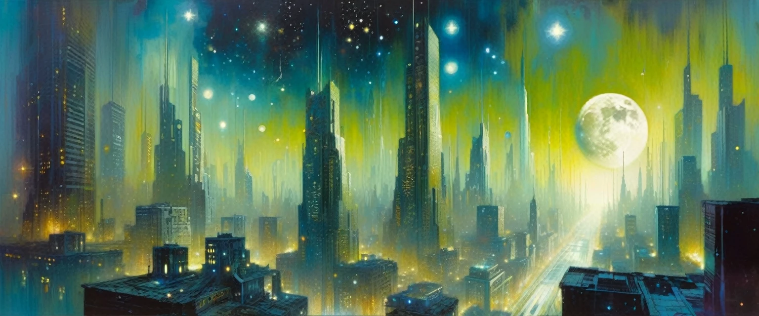 the abandoned future big city, many details,magic, surrealism, fantastic, night sky, medium moon, stars, background, (art inspired by Bill Sienkiewicz). oil painting)
