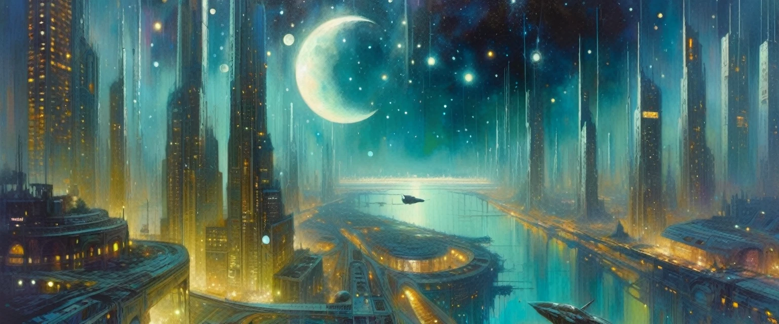 the abandoned future big city, many details,magic, surrealism, fantastic, night sky, medium moon, stars, background, (art inspired by Bill Sienkiewicz). oil painting)
